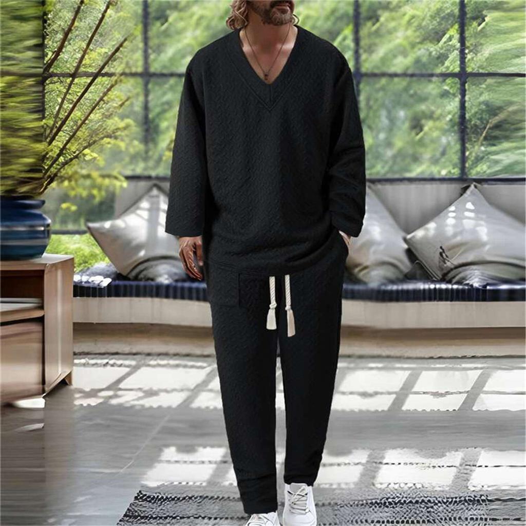Осенний повседневный мужской текстурированный однотонный пуловер с V-образным вырезом, с короткими рукавами, комплект брюк с карманами на кулиске