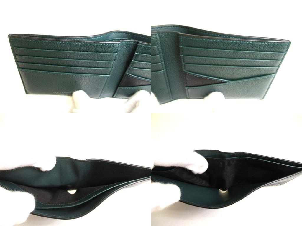 Оригинальный черный кожаный складной кошелек BVLGARI Изумрудно-зеленый Компактный кошелек #a896 Восстановленный