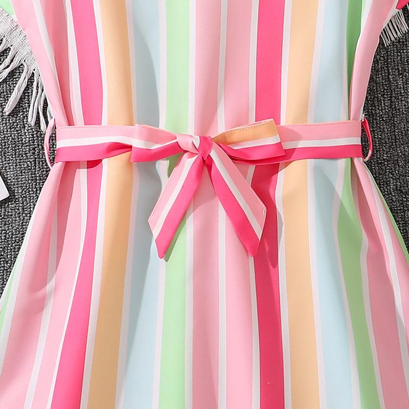 Girls' Fashion Dress 2025 Summer Children's Colorful Striped Printed Short-sleeved Dress