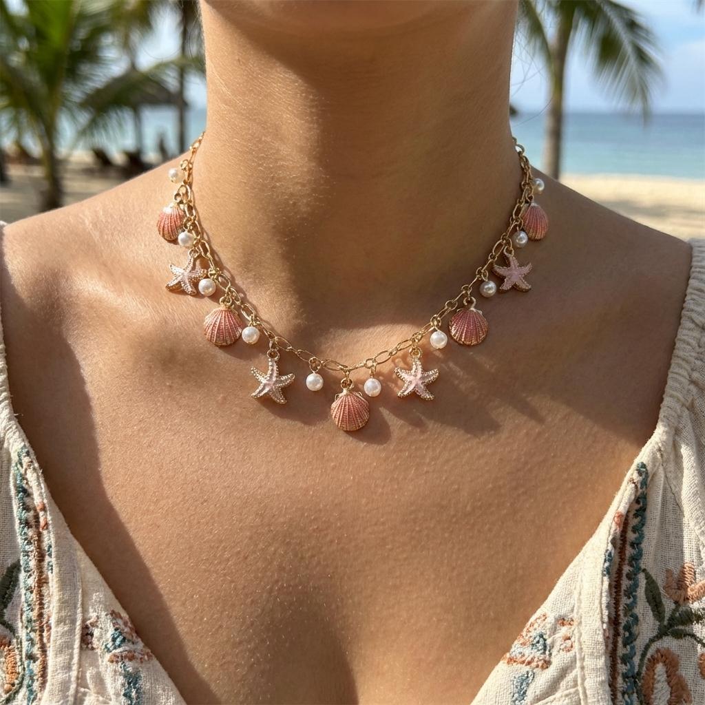 Vintage Ocean Starfish Scallop Turtle Pendant Necklace Women Metal Chain Conch Coral Beach Party Jewelry
