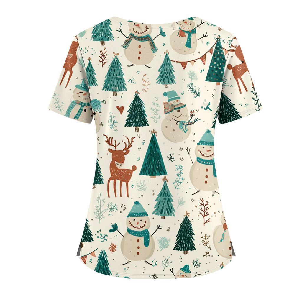 Women's Christmas Print V-Neck Double Pocket Short Sleeves Hem Slit Uniform And Caregiver Top