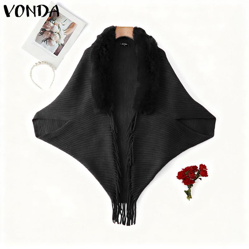 VONDA Women Long Sleeve Fluffy Tassel Splicing Open Front Casual Knitted Sweaters Cardigans