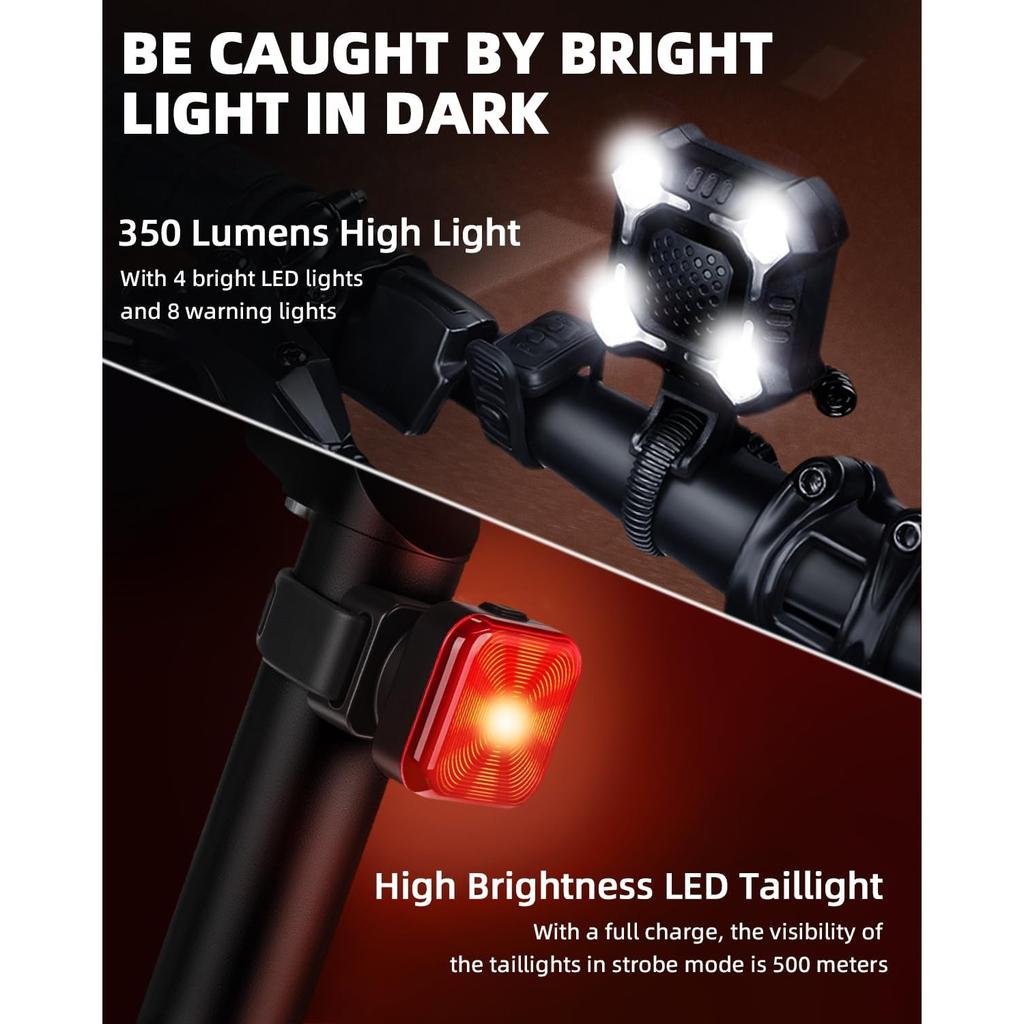 140dB Bike Horn with Front and Rear Light, 2in1 Bicycle Bell Control Switch LED Light, Rechargeable Waterproof, 8+5 Modes Headlight and Tail Light