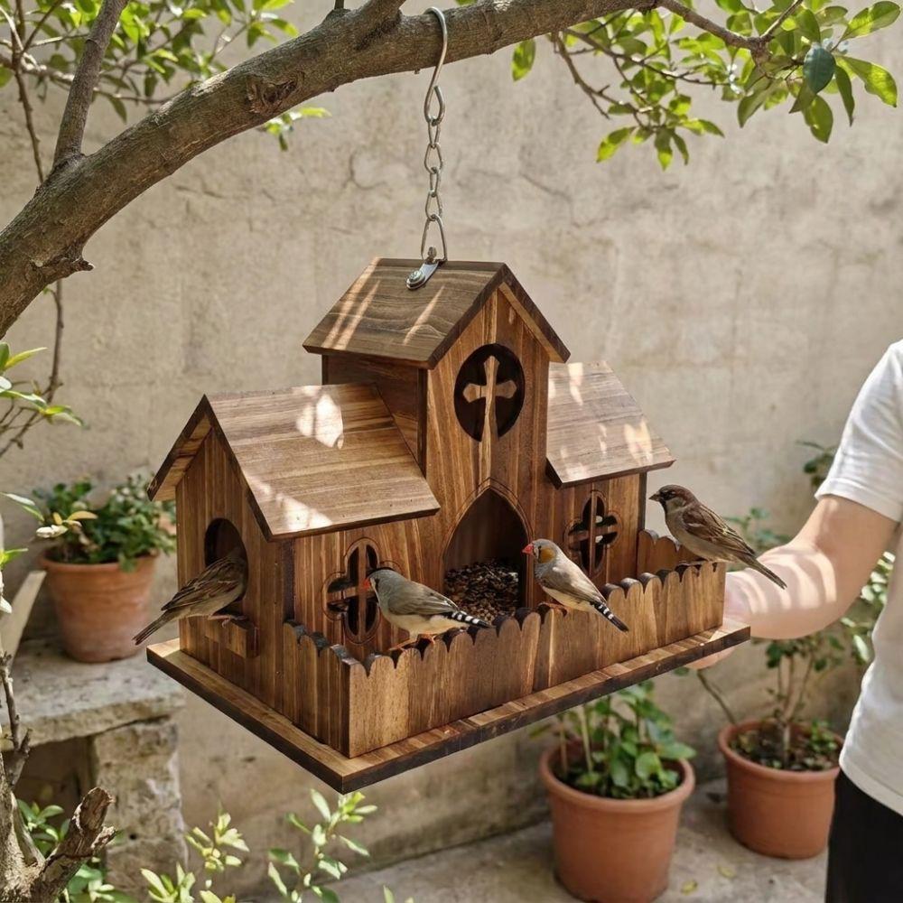 Multiple Holes Bird Feeder House Wooden Wild Birds Habitat Birdhouse Nesting Feeding  Backyard