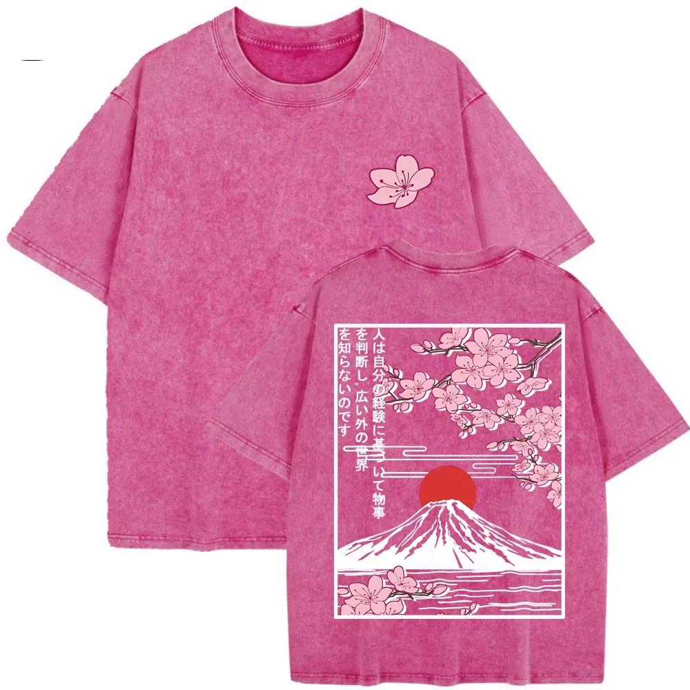 Summer Women Mount Fuji Cherry Blossoms Graphic Print Washed Cotton O Neck Oversized Short Sleeve Streetwear Loose Basic To