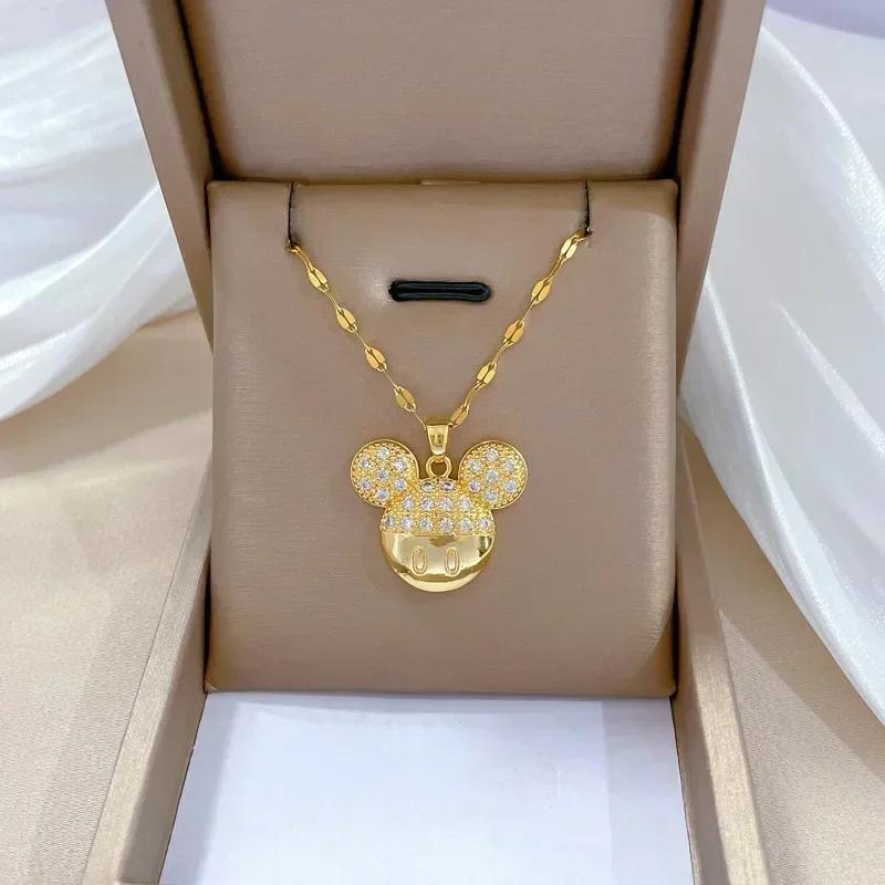 Cartoon Mickey Minnie Mouse Studded with Zircon Necklace for Women Girl Stainless Steel Chain Sweet Gift for Friends Fans KTJ