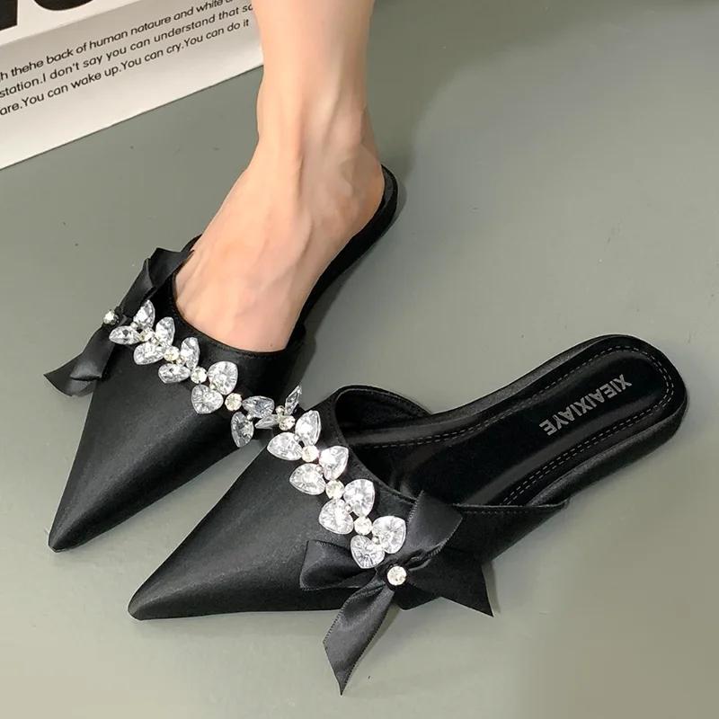 Crystal Women Slippers Pointed Toe Flats Shoes Dress Cozy Woman Sandals 2025 Designer Trend Brand Fashion Bow Chaussures Femme