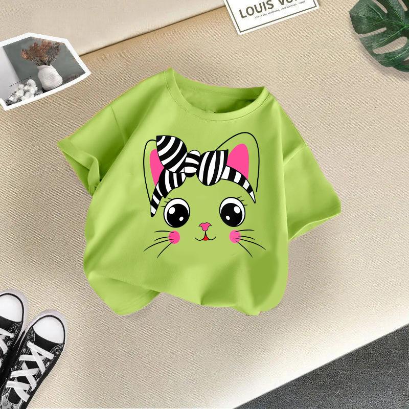 Children's Casual Short-sleeved T-shirt - Summer Girls' Cute Cat T-shirt