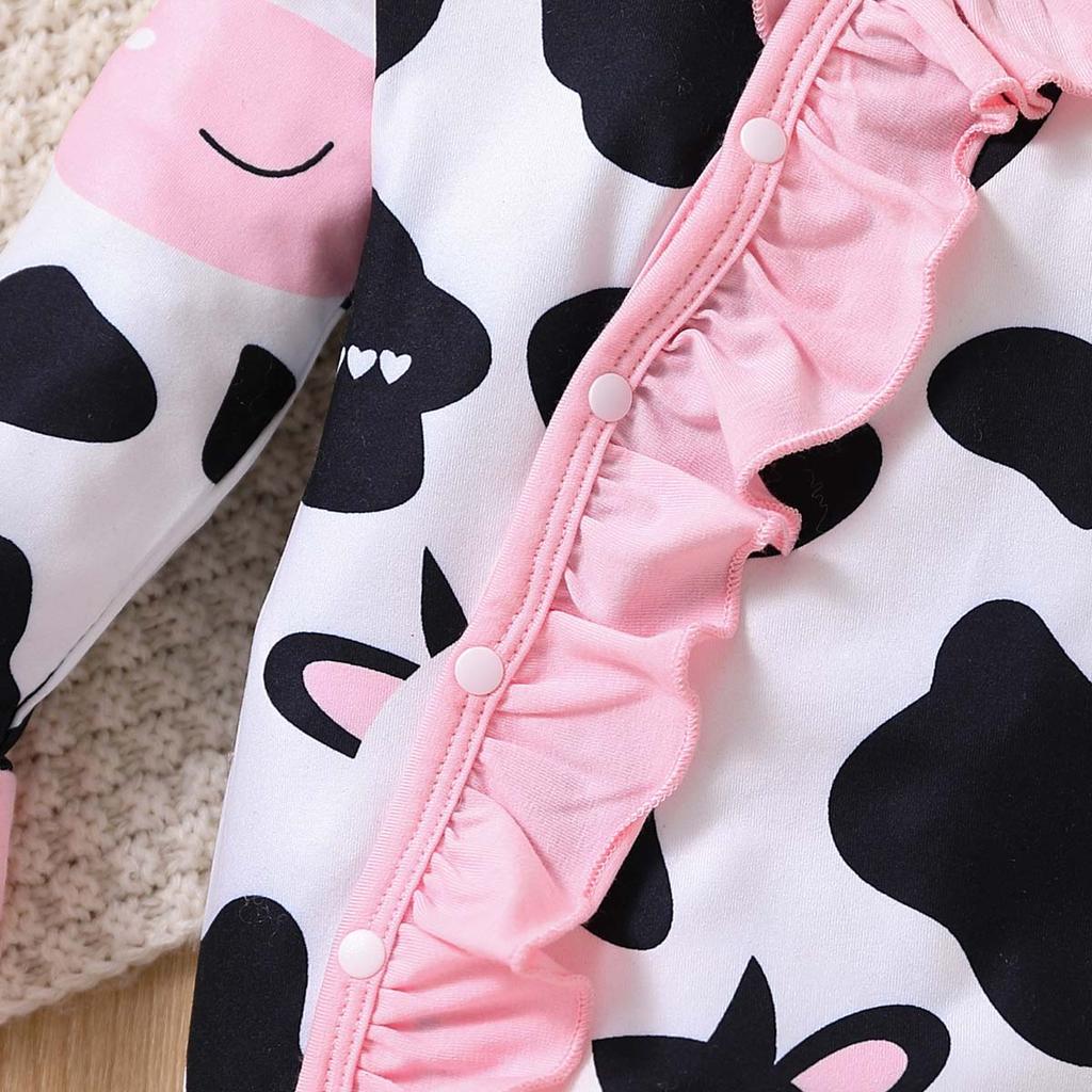 Infant Girls Ruffled Long Sleeve Romper Spring Autumn Cow Print Baby One piece Crawling Jumpsuit Fashion Comfortable Infant Bodysuit