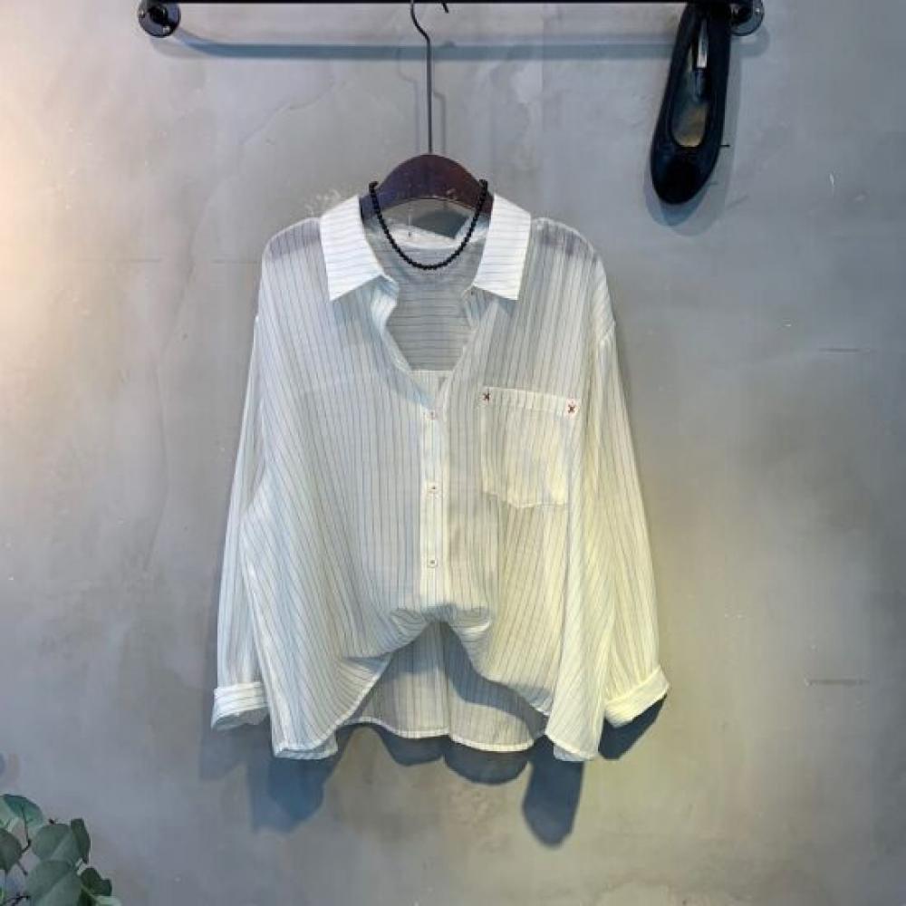 C S In The Room taCo Stripe aSymmetriCal Sheer poCket Long Sleeve Shirt 2Color