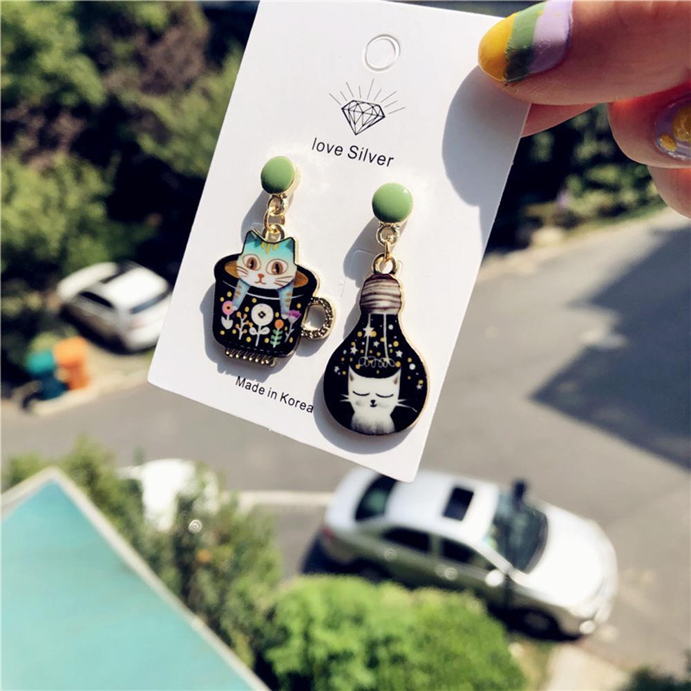 Asymmetric Sweet Women Enamel Cute Animals pendants earrings Cup Cat Stud Earrings Light Bulb Cat