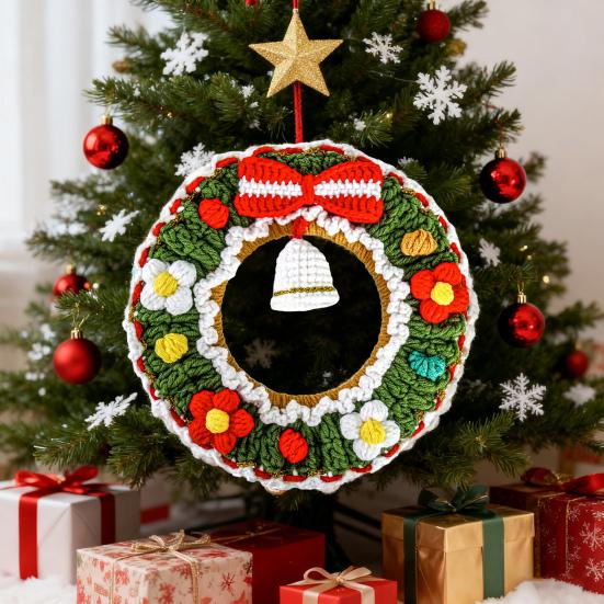 Crochet Christmas Wreath Ornaments Handmade Knitted Wreath Hanging Decoration with Bell for Xmas Tree Holiday Wall Home Decor
