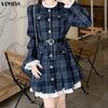 Women Casual Stand Collar Long Sleeve Patchwork Plaid Dress