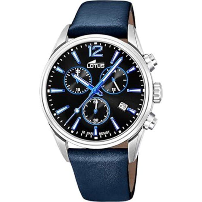 Montre Homme Lotus Chrono - Bracelet Cuir - Cadran Noir - Etanche 10 ATM