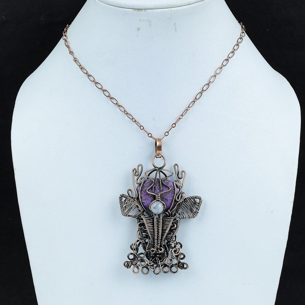 Purpurite Copper Pendant Wire Wrapped Pendant Moonstone Pendant Gemstone Copper Jewelry Handmade Deer Face Pendant Elegant Jewelry For Gifts