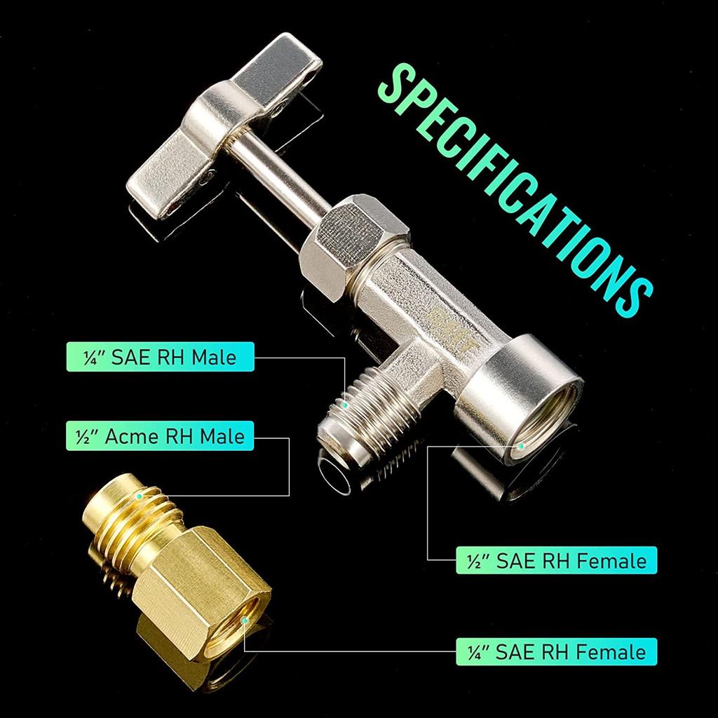 Self Sealing Can Tap Valve 1/4in 1/2in Thread Stainless Steel Refrigerant Dispenser Can Opener with Hose Adapter for Car