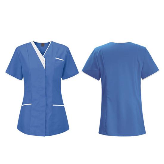Топы для медсестер с v-образным вырезом и короткими рукавами, лоскутные цветные топы с карманами и пуговицами, декольте, топы для стоматологической хирургии, спецодежда