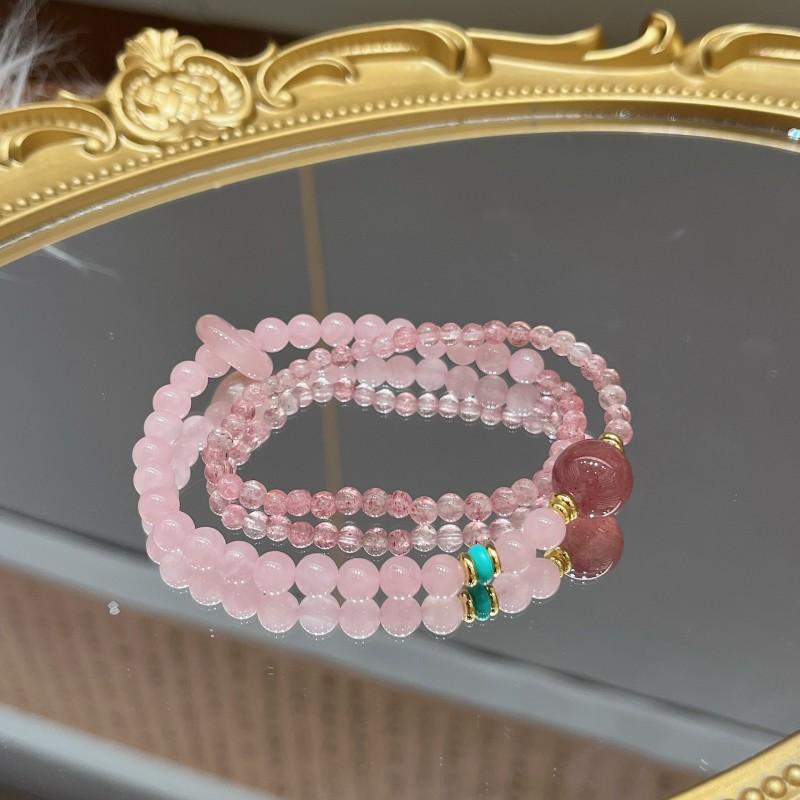 Natural Pink Quartz Bracelet Double Layer Stackable Strawberry Crystal Beaded Wrap Bangle Women
