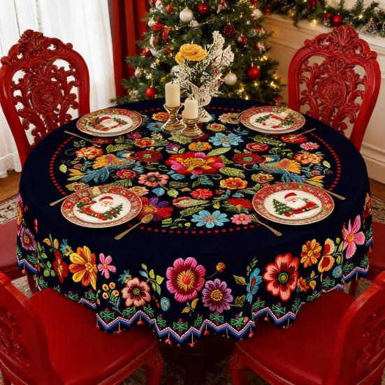 Мексиканская скатерть с цветочным принтом, круглая, с фестончатым краем, красочная скатерть с узором в стиле народного искусства для дома, фермерского дома, обеденного стола