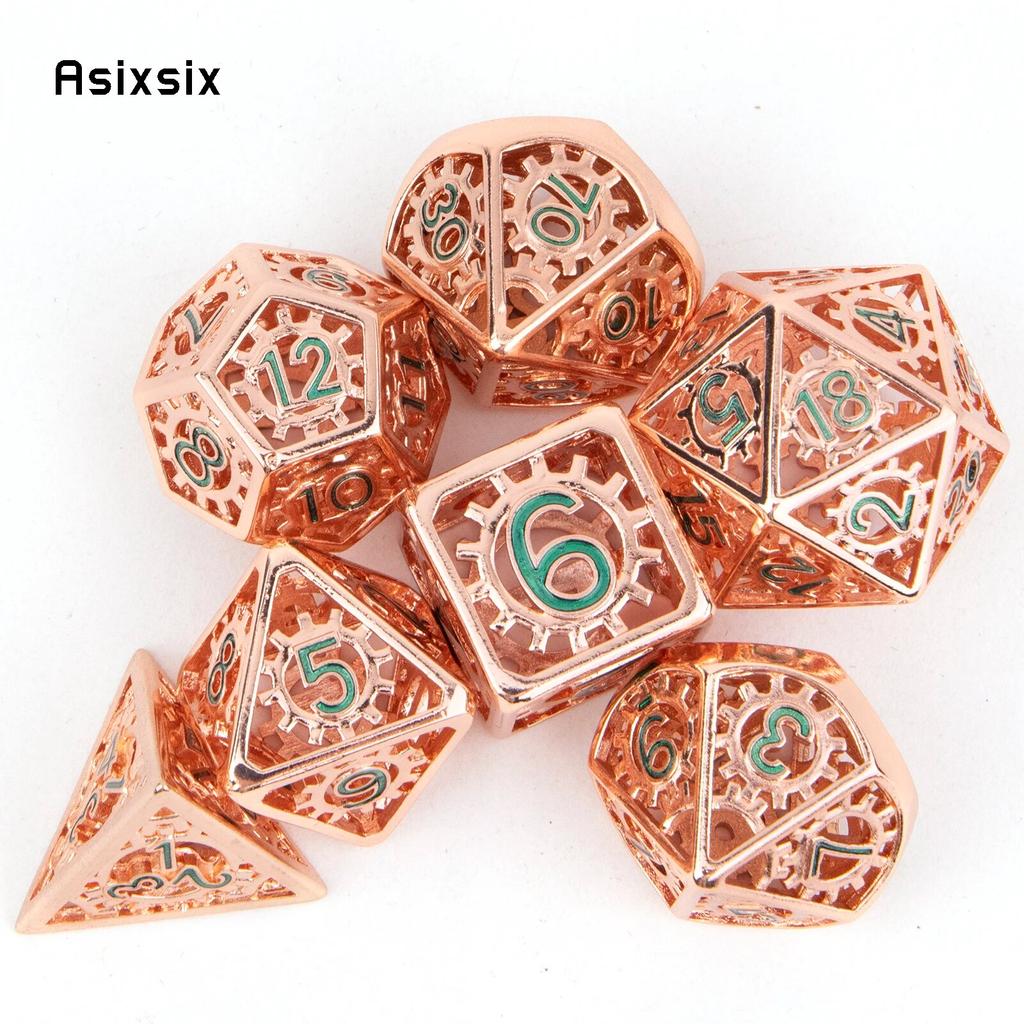 7 Pcs Red Green Gear Wheel Metal Dice Hollow Metal Polyhedral Dice Set Suitable for Role-Playing RPG Board Game Card Game