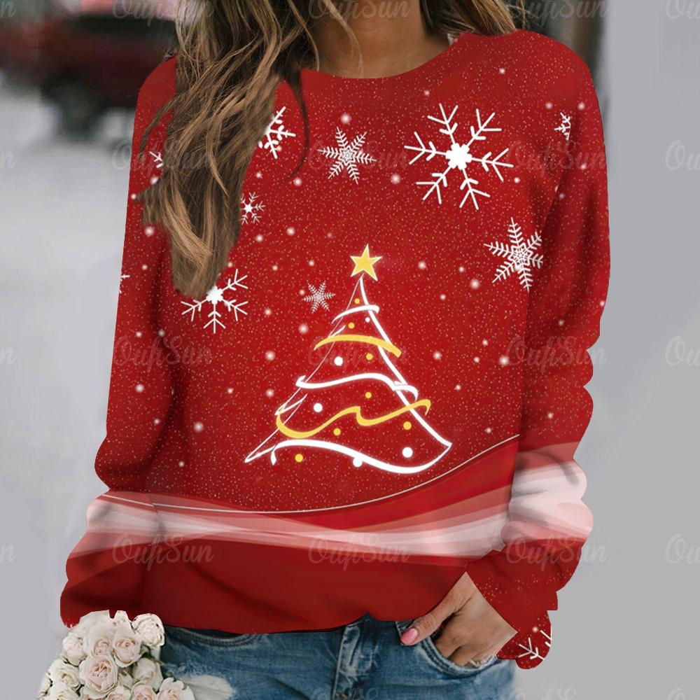 Женская футболка с принтом «Рождественская елка», праздничная одежда для женщин, осенние свободные топы с круглым вырезом и длинными рукавами, женский пуловер в стиле Харадзюку