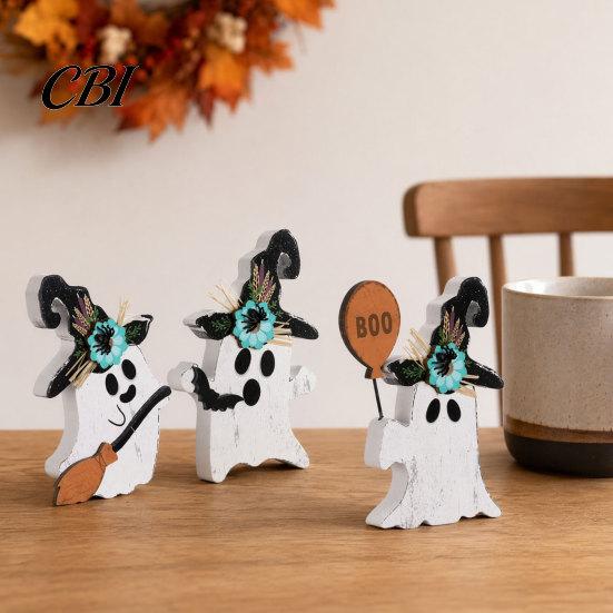 Halloween Mantel Decor 3Pcs Decoration, Black Cat Ghost Witch Hat Table Decor, Decorations Rustic Farmhouse Wooden Centerpieces for Home Office Tiered