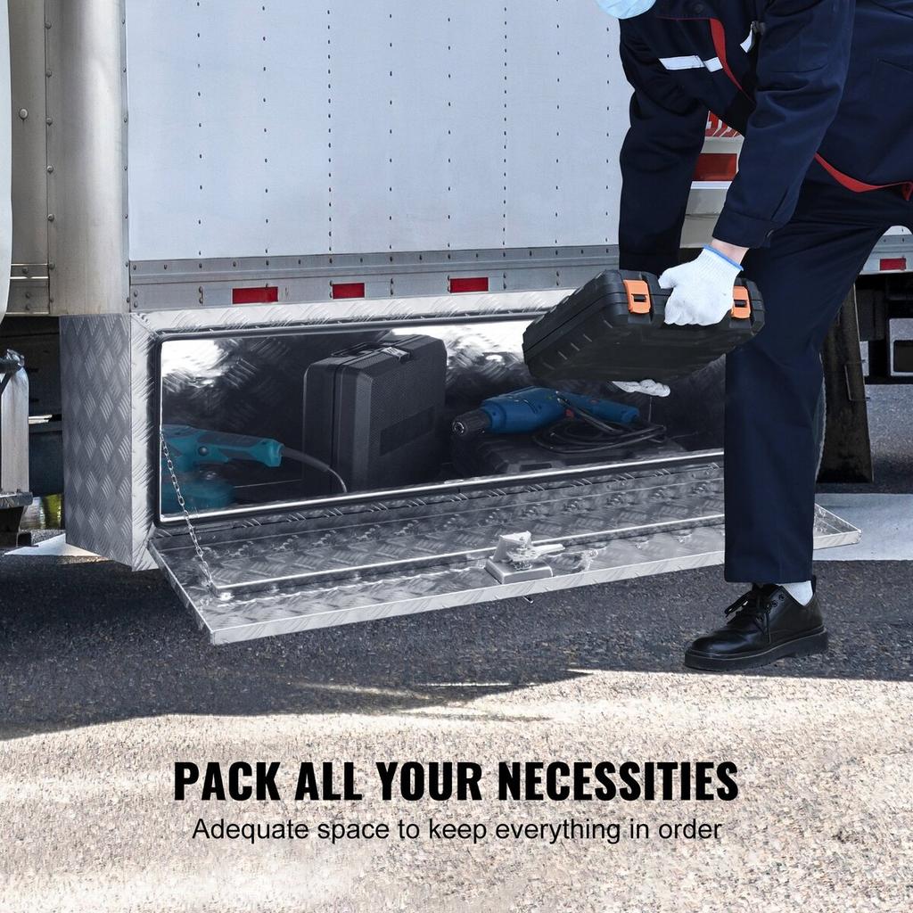 Underbody Truck Box, 60"×24"×24" Pickup Storage Box, Heavy Duty Aluminum Diamond Plate Tool Box with Lock and Keys, Waterproof Trailer Storage Box