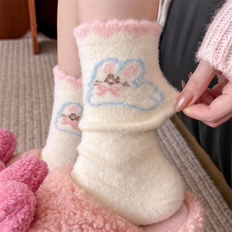Australian Woolen Socks for Girls, Cute Cartoon Rabbits, Fluffy Mid-calf Socks, Sweet Autumn and Winter, Bow Stripes, and Warm Socks