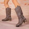 Металлическая цепь толстые каблуки сапоги в стиле вестерн женские большие размеры молния сзади высокие сапоги женские ретро заклепки декор ковбойские ботинки женские