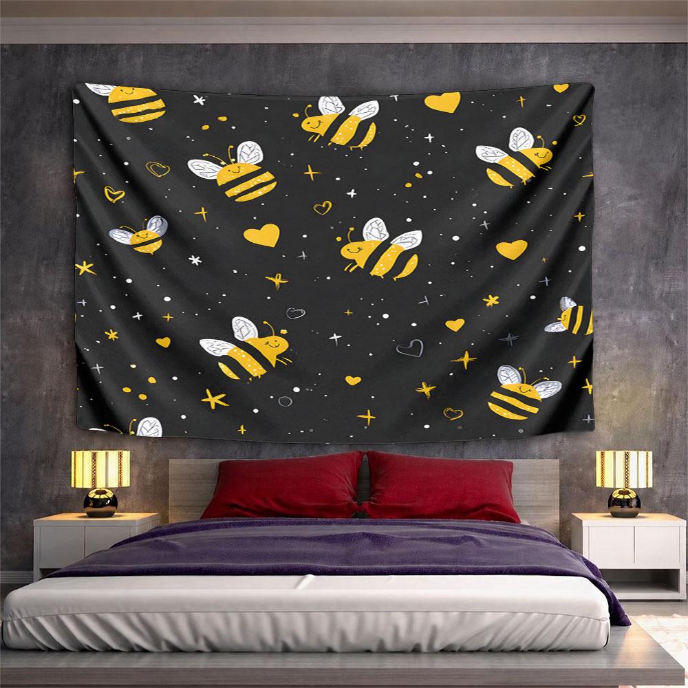 Cute Bees and Hearts on Black Background Pattern Wall Hanging Tapestry Decorative Tapestry Home Decor for Bedroom and Living Room