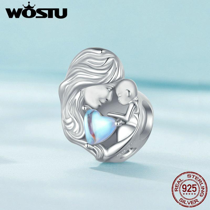 WOSTU 925 Silver Moonstone Charms Heart Beads Astronaut Moon Pendant Fit Bracelet DIY Necklace Jewelry Making