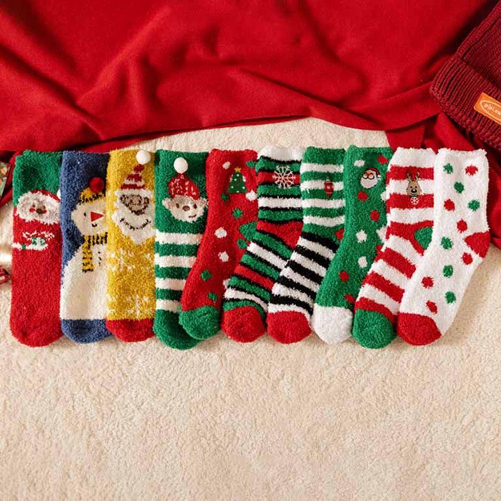 Cartoon Floor Sleep Socks Snowman Winter Red Green Elk Coral Velvet Socks Middle Tube Socks Women Hosiery Christmas Socks
