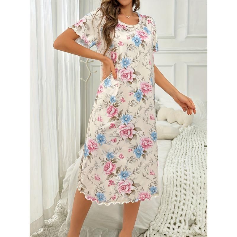 Большой размер, круглый вырез, короткий рукав, синий цвет с цветами абрикоса, домашняя одежда, ночная рубашка, платье, повседневный стиль, женская одежда с принтом