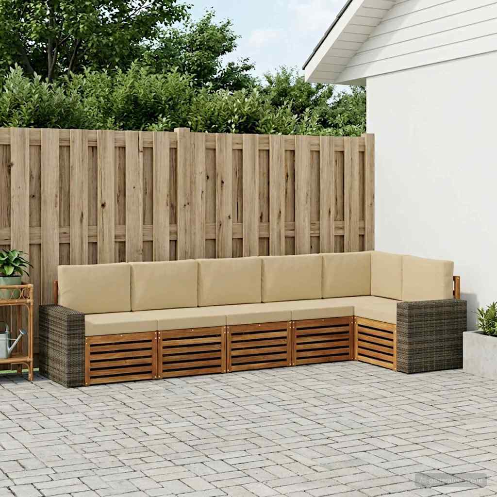 Corner Sofa Set with Cushions 6 pcs Natural and Beige Solid Acacia Wood