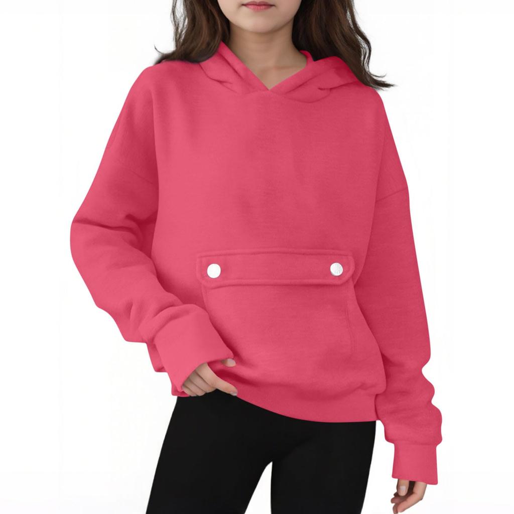 Children's Oversized Pullover Long-Sleeve Hooded Sweatshirt With Button Pockets In Solid Color