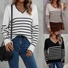 Ladies Fashion Sweater Stripe V-Neck Lace Slim Fit Knitted Bottoming Shirt