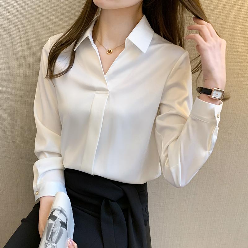 Women's Spring and Autumn Four Seasons Thin Section Plus Size Lapel Solid Colour Long Sleeved Slim Thin Work Clothes Loose Professional Shirt