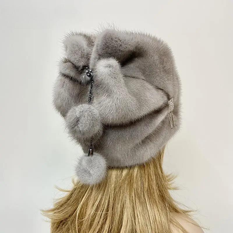 Новые роскошные зимние шапки для женщин с помпоном из натурального меха норки, украшенные бриллиантами, теплая снежная шапка для улицы из натурального меха