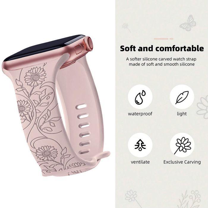 2x Bracelet pour Apple Watch Series 10, 9 8 SE 7 6 5 4 3 2 1 Ultra 2, 42mm-44mm-45mm-46mm-49mm Silicone Gravure Tournesol Noir/Rose