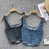 Sexy Denim Collarbone Crop Top Zip Strap Shirt