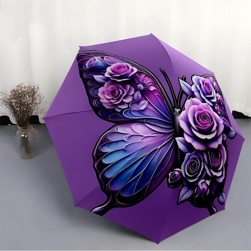 1pc Butterfly Roses Umbrella Portable Folding Umbrella Durable Iron Frame, Suitable for All Seasons Home Travel Outdoor yy260319009