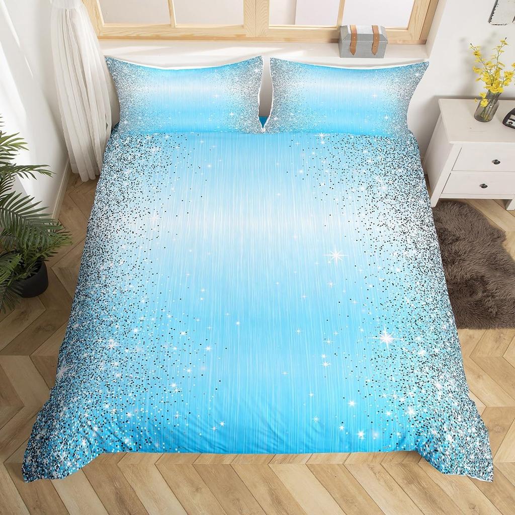Watercolor Blue Sequin Duvet Cover Queen King Size Girls Teen Bedding Set Eiffel Tower Ombre Diamond Quilt Cover Home Decor
