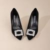 Fashion Shallow Wedge Single Fall New Pointed Toe Rhinestone Square Buckle Slip Foot Anti-Slide Heel Low Top Shoes