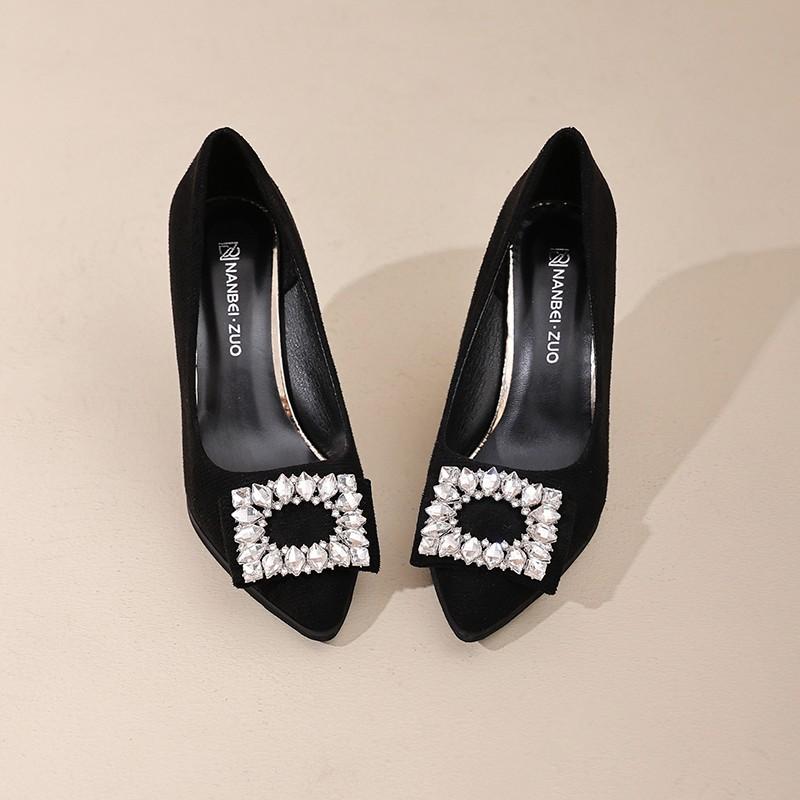 Fashion Shallow Wedge Single Fall New Pointed Toe Rhinestone Square Buckle Slip Foot Anti-Slide Heel Low Top Shoes