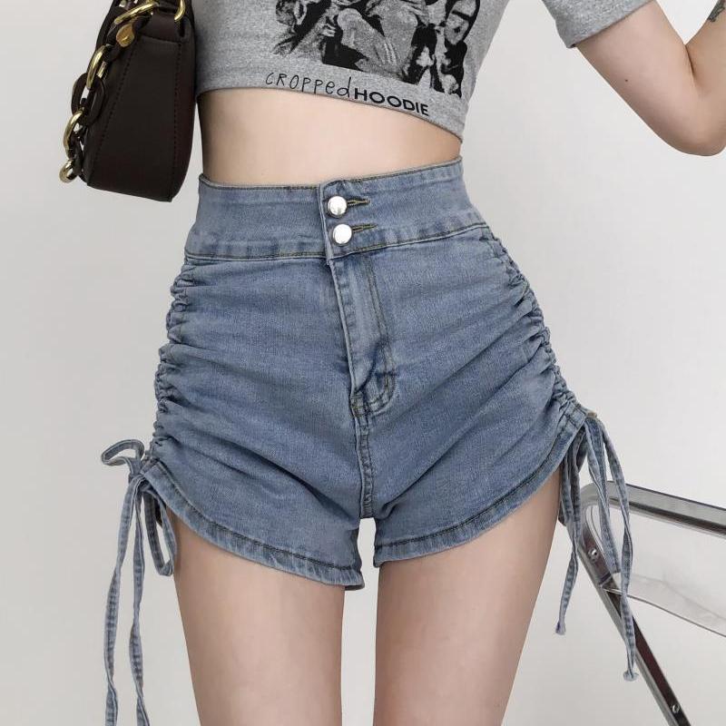 Summer High Waist Denim Shorts Korean Style Black Blue Color Side Drawstring Double Buttons Up Short Jeans