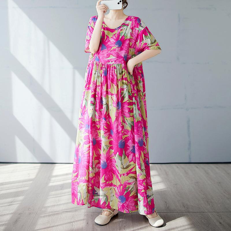 Простое богемное длинное платье лето новое для полных с коротким рукавом круглый вырез принт с женской одеждой