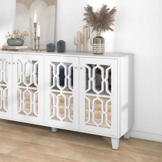 Kitchen Buffet Storage Cabinet Sideboard with 4 Doors Mirror Surface Faux Crystal Handle Large Capacity Coffee Bar Dining Room Furniture
