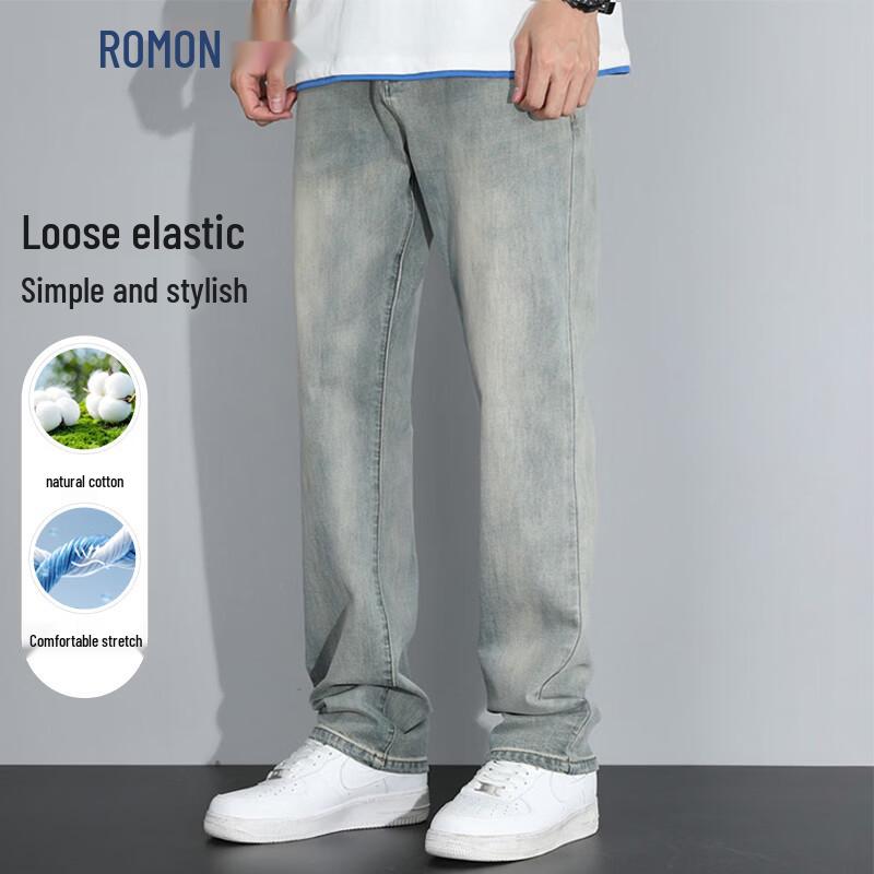 ROMON Men's Natural Cotton Loose Fit Straight Leg Stretch Jeans