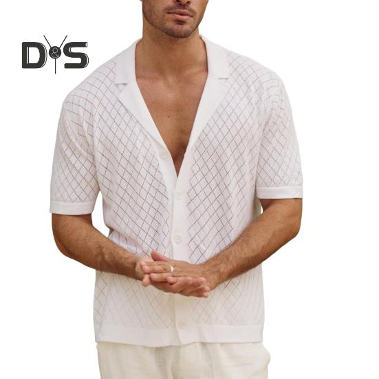 Мужская жаккардовая трикотажная рубашка с коротким рукавом, застегивающаяся на пуговицы, с кубинским воротником, узором в виде ромба, повседневная рубашка для повседневной носки, вечеринок, путешествий