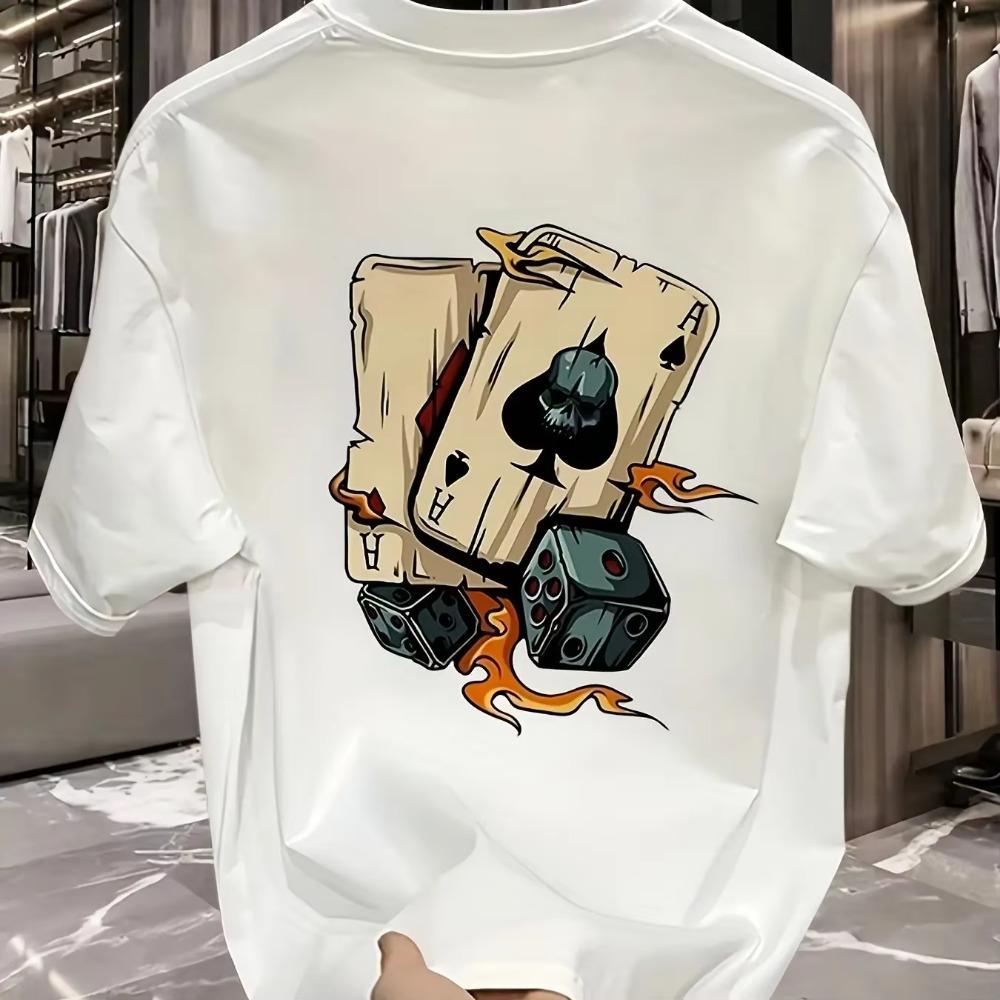 Men's Summer 100% Pure Cotton Fashionable Casual Loose Creative Poker and Dice Printed Sports Round Neck Short Sleeved T-shirt